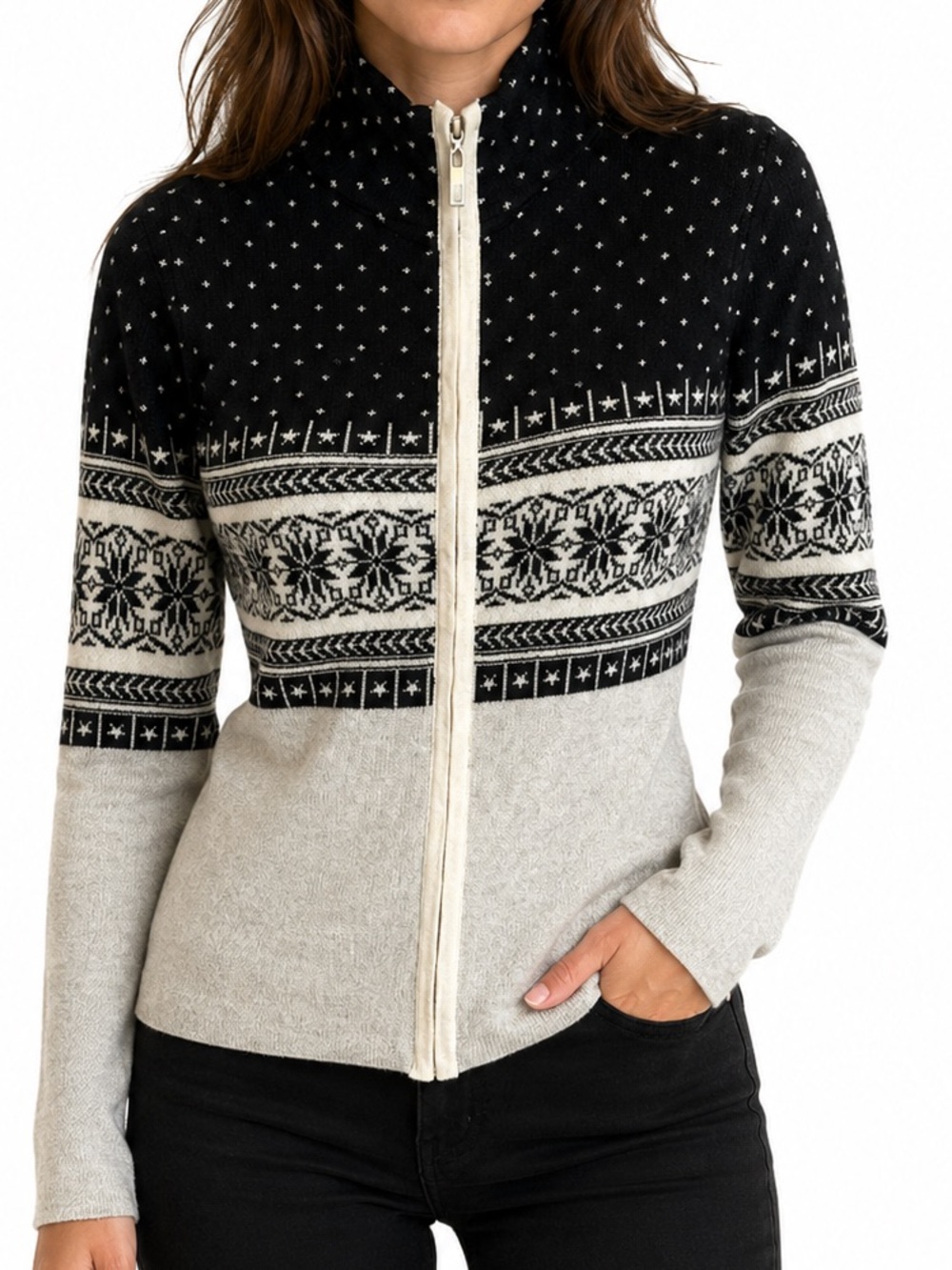 Neve Nordic Fair Isle Merino Wool Blend Full Zip Sweater Jacket Small